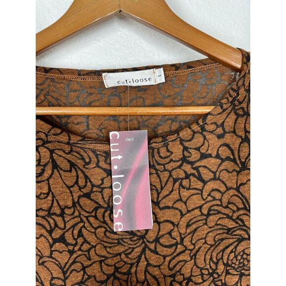 Cut Loose Small S Floral Burnout Tunic Top Lagenlook 3/4 Sleeves Brown Black NEW - Picture 2 of 4